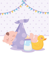 baby shower, baby boy in blanket with duck and bottle milk, celebration welcome newborn