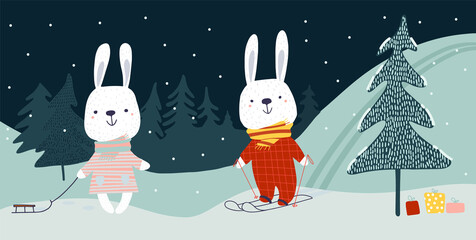 Christmas Winter night forest landscape with Cute Hares. Kids characters with skis and sledges. Christmas tree in the snow and gifts. Hand Drawn Vector illustration scandinavian doodle style © Sasha Al