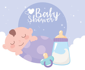baby shower, little boy in blanket with bottle milk and pacifier, celebration welcome newborn