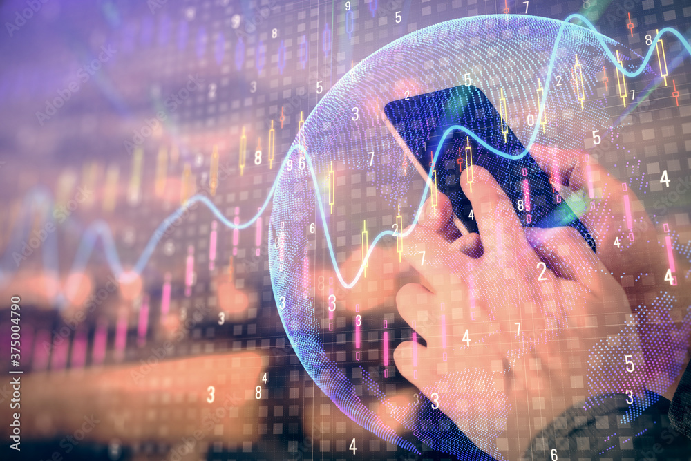 Poster double exposure of man's hands holding and using a digital device and forex graph drawing. financial