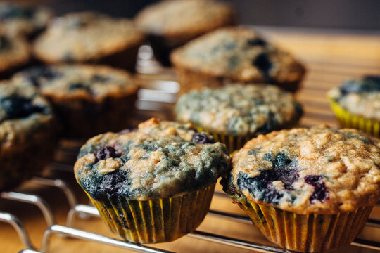 Freshly baked blueberry muffins on a cooling rack