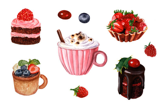 Set of cappuccino and mini cakes on a white background, watercolor illustration of desserts.