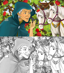 cartoon sketch scene with princess in garden horses
