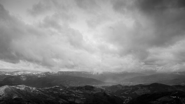 Black and White Landscape with Dramatic Sky