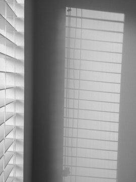 Black and white silhouette of window blinds on the wall from light in the window
