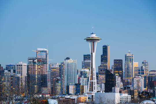 Classic view of downtown Seattle with Space Needle against blue sky