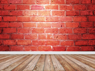 Old red brick wall in empty room with floor