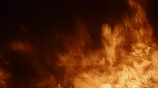 Close-up of burning fire flames on black background. Fireplace, fire explosion blasts