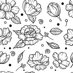 Seamless vector vintage pattern with bouquet of flowers on a white background. Peonies, roses, sweet peas, bell. Monochrome