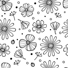Seamless vector vintage pattern with Victorian bouquet of black flowers on a white background. Garden roses, tulips, delphinium, petunia. Monochrome