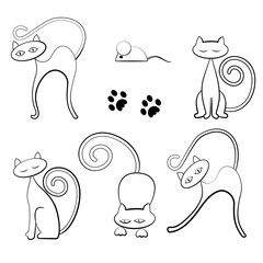 A set of stylish cats in profile and face. The cat plays with the mouse, sleeps, stretches, before jumping. A black-and-white outline image on a white isolated background. Vector illustration