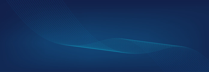 Dynamic particles sound wave. Lights lines vector abstract background. Wave shaped glowing dots. Curved flow line, abstract stripes. Dynamic blue background. Banner with flow motion effect. Vector