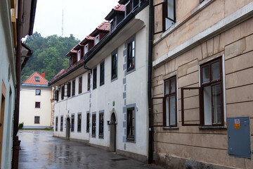 The old narrow street on a rainy day