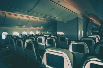 Empty economy aircraft cabin, Airport, aerospace.