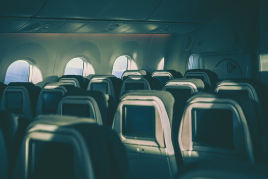 Empty economy aircraft cabin, Airport, aerospace.