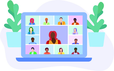 Illustrations flat design concept video conference. Online meeting work form home. Vector illustrate. Video conference landing. People on computer screen taking with colleague.