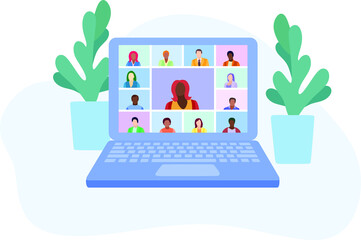 Illustrations flat design concept video conference. Online meeting work form home. Vector illustrate. Video conference landing. People on computer screen taking with colleague.