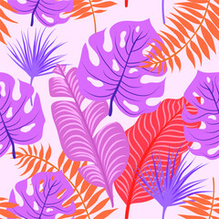 Fototapeta na wymiar Seamless exotic pattern with tropical plants: monstera leaves, banana leaves, palm leaves. Vector background. Plants nature wallpaper