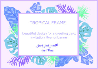 Fototapeta na wymiar Vector frame template with tropical leaves: monstera, palm, banana. Horizontal card layout with place for text. Spring or summer design for invitation, wedding, party