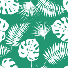 Abstract seamless tropical pattern with bright plants and leaves. Vector design. Jungle print. Floral background. Printing and textiles