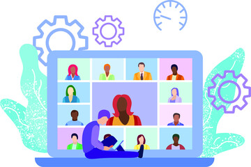 Webinar, online meeting concept vector flat illustration. Home office, web conference with colleagues and friends. Conference video call, remote project management, quarantine, chat with friends.