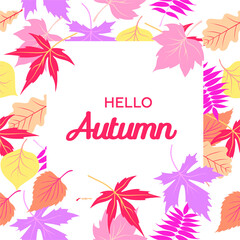 Hello autumn card on a white background. Colorful and bright composition of hello autumn text and hand drawn leaves and bug. Decorative leaves vector illustration.