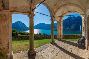 Santa Giulia Oratory. Panorama on Lake Lugano. Intelvi Valley. Como. Lombardy. Italy.