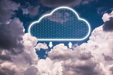 Cloud computing server storage system database networking concept, cloud symbol hover over blue sky with puffy cloud.