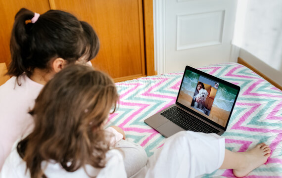 Two little sisters making video conference