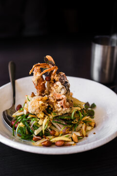 thai dish with deep fried soft shell crab with noodles