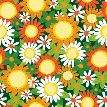 Vector colorful overlapping textured sunflowers and daisy pen sketch repeat pattern. Suitable for textile, gift wrap and wallpaper.