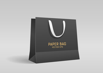 Black paper bag, with black cloth handle design, template on gray background Eps 10 vector illustration