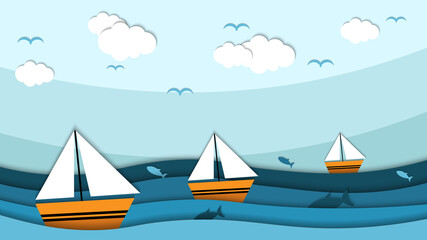 Beauty Paper cut of sailing boat vector illustration, good for abstract background,wallpaper and backdrop
