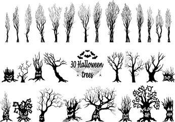 Set of spooky Halloween tree cartoon. Spooky trees silhouette collection of Halloween vector isolated on white background. scary, haunted and creepy curly plant element. - obrazy, fototapety, plakaty