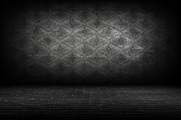 dark interior room with baroque wallpaper