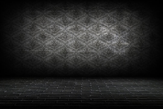 Dark Interior Room With Baroque Wallpaper