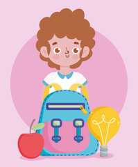 happy teachers day, student boy rucksack apple and bulb idea