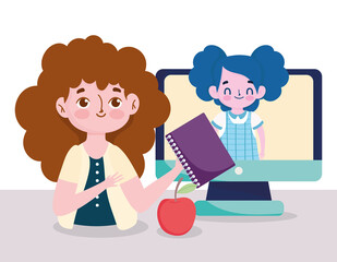 happy teachers day, teacher and student girl computer online learn