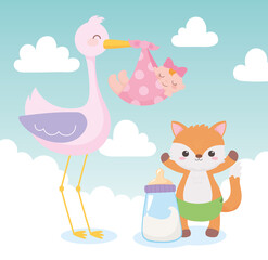 baby shower, stork with little girl and fox cartoon, celebration welcome newborn