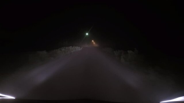 Driving streep lamp lit foggy country road at night