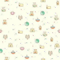 Vector illustration of a cute yoga and spa elements. Contains such Icons as wellness, pose, beauty, peace, therapy and more. Isolated on beige. Colorful surface pattern.