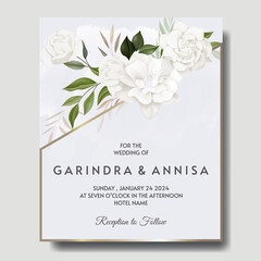  Elegant wedding invitation card template   with white  floral and leaves   Premium Vector