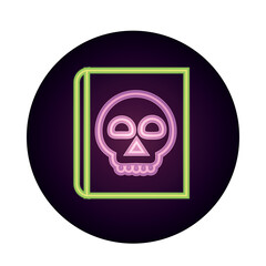 happy halloween, spell book with skull trick or treat party celebration neon icon style