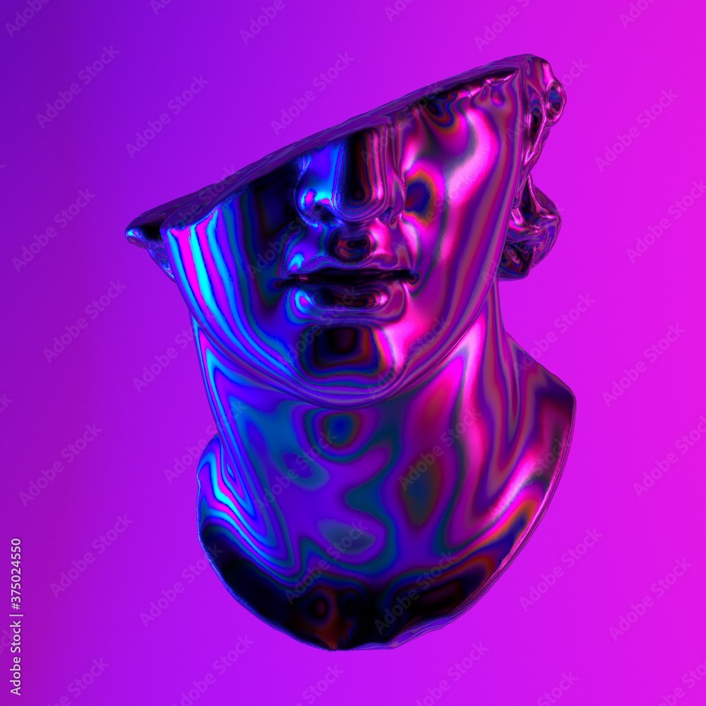 Poster 3d rendered illustration of a fragmentary colossal head made of iridescent holographic material in n