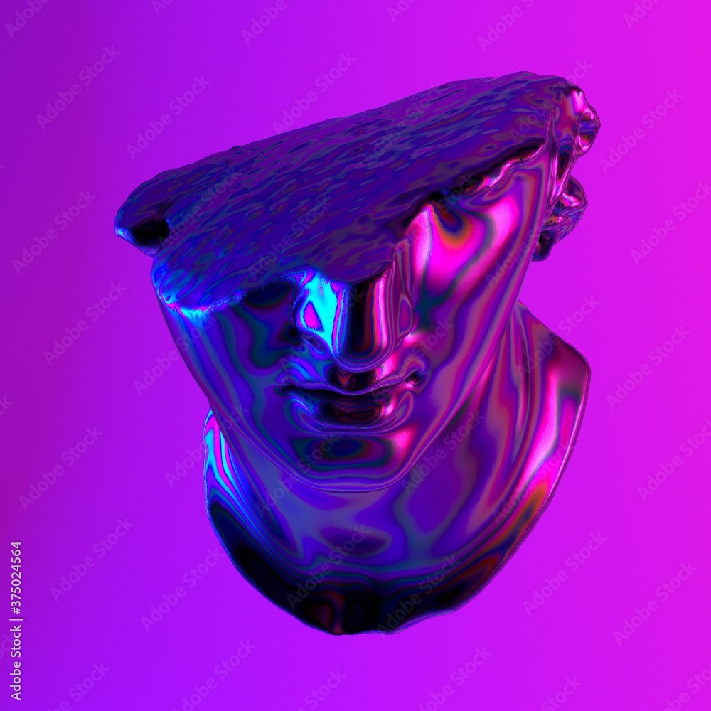 Poster 3d rendered illustration of a fragmentary colossal head made of iridescent holographic material in n