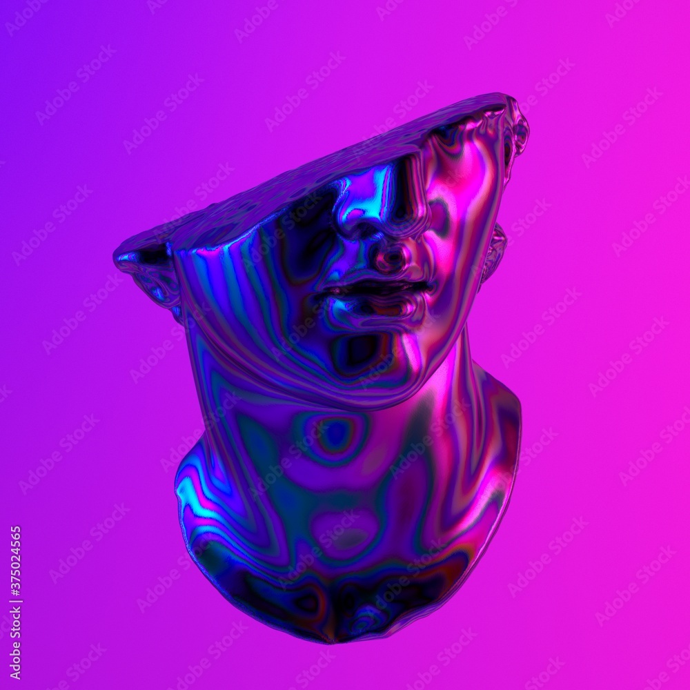 Poster 3d rendered illustration of a fragmentary colossal head made of iridescent holographic material in n