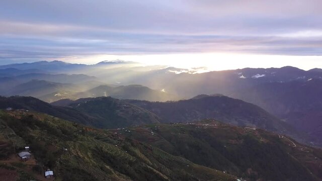 Aerial View from Drone to Mountain Rice Terraces Sun Rays Aerial 4k