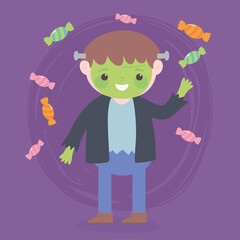 happy halloween, monster boy with candies costume character, trick or treat party celebration