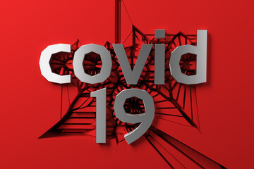 covid 19 metal steel lettering of three dimensional letters and numbers against a cracking red wall. 3d illustration