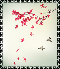 Chinese painting of maple tree and birds
